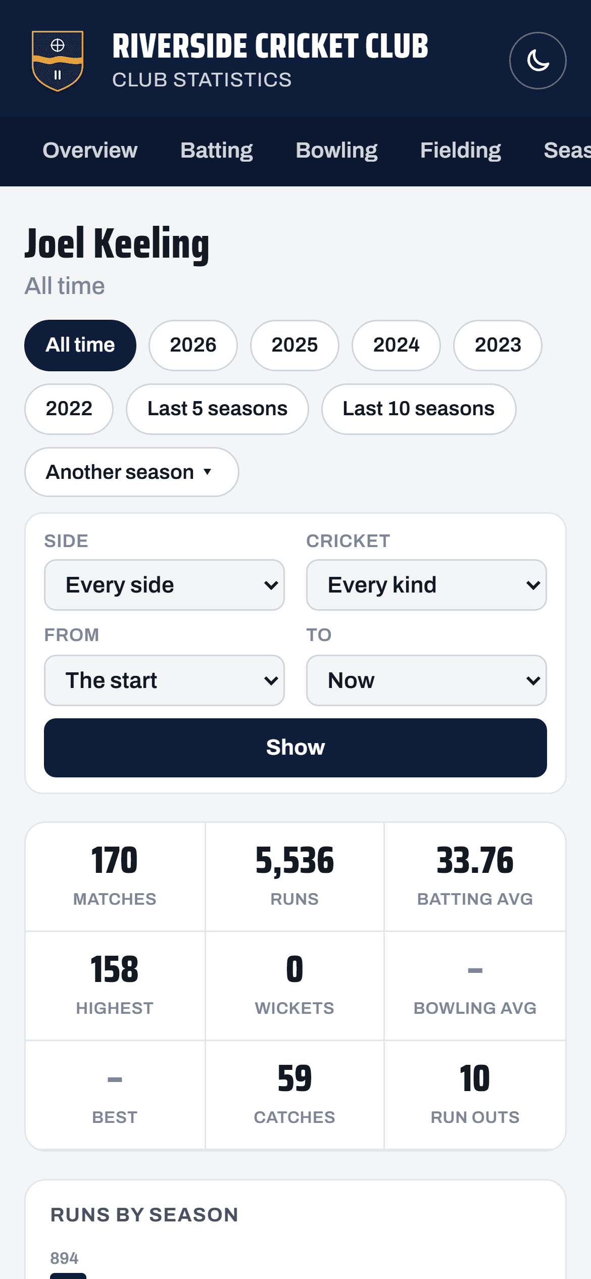 A player’s page on the stats site, on a phone